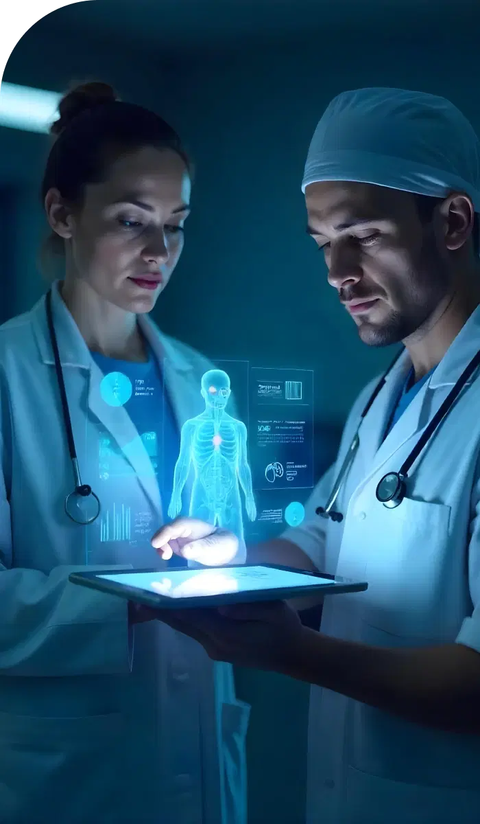 Healthcare professionals with AI-powered clinical data visualization and diagnostics