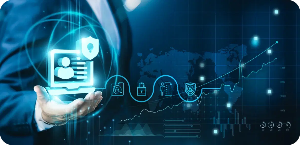 Illustration of secure financial systems with shield, audit, and data governance icons in a BFSI context