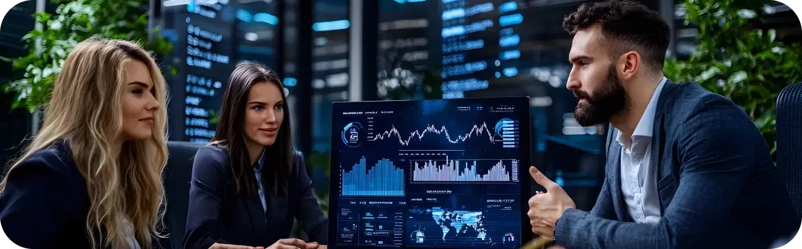 Business professionals reviewing financial data and operations on a monitor in a modern office setting