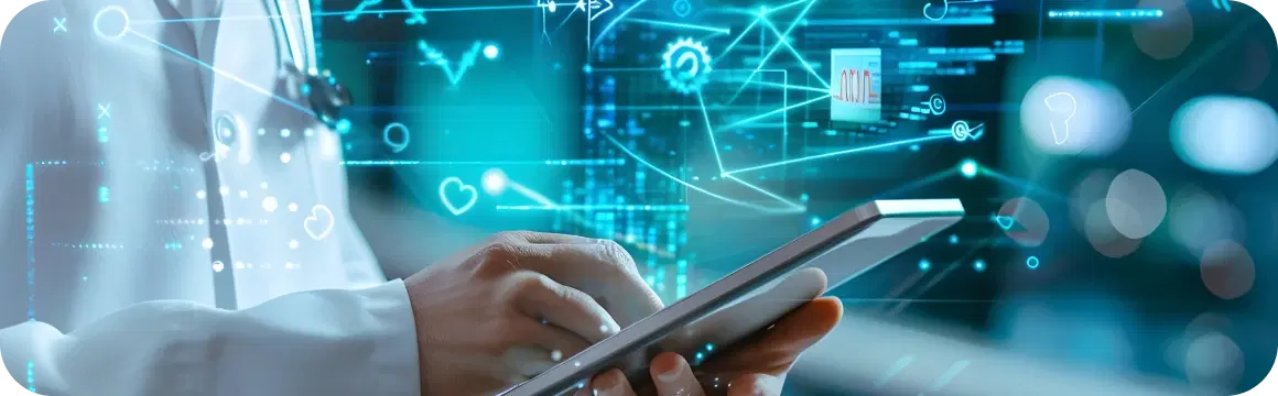 Healthcare professional using a tablet in a clinical setting with digital health data visualization