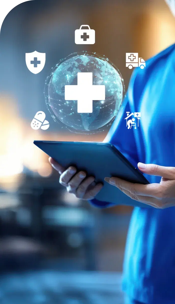 Healthcare professional with tablet and digital healthcare network visualization