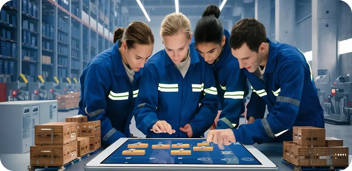 Logistics team collaborating on a tablet in a warehouse