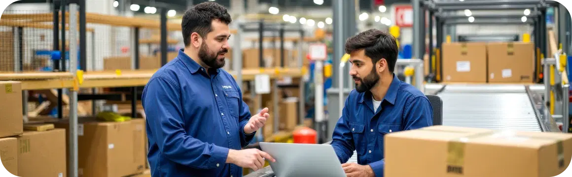 Two logistics professionals reviewing operations on a laptop in a busy warehouse setting