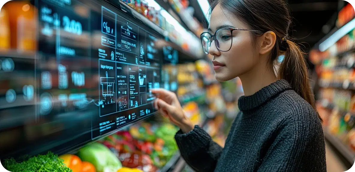 Woman interacting with a holographic display showing retail data in a supermarket aisle