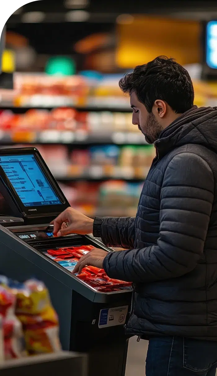 Person at self-checkout in retail store
